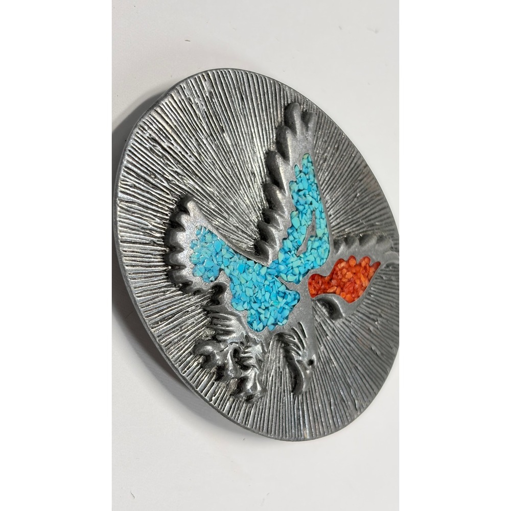 S.S.I. Vintage Silver Plate Eagle Turquoise Coral Chip Inlay Belt Buckle